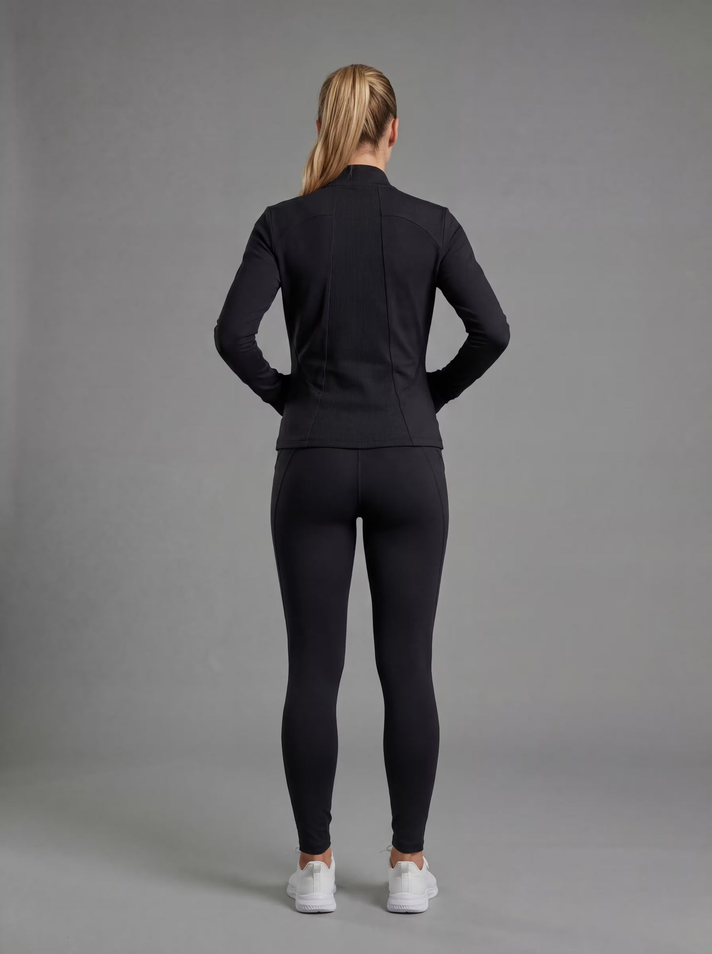 WELIV PowerTrio Women's Activewear Set – Sports Bra, Leggings & Jacket. in black, back view
