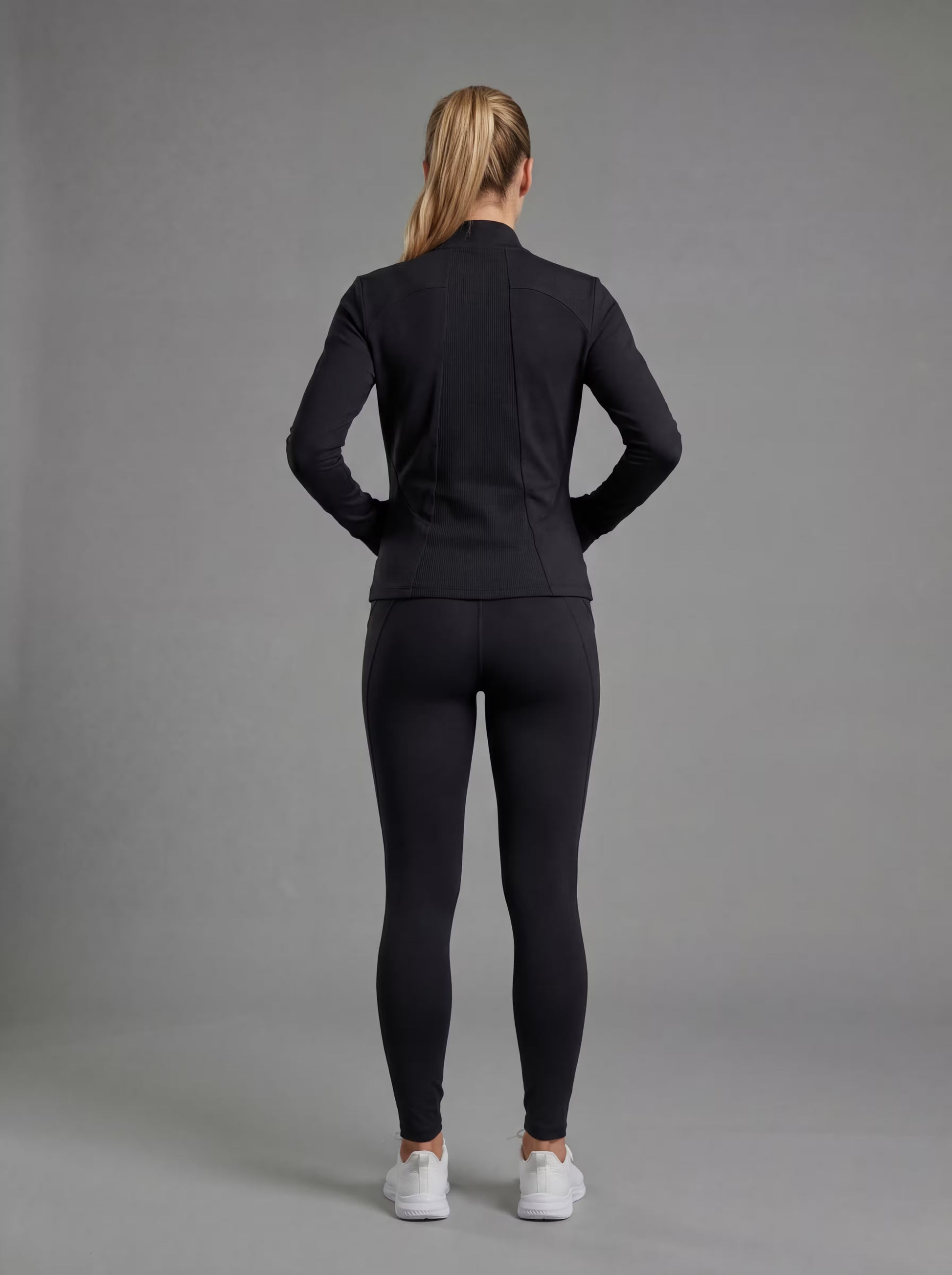 WELIV PowerTrio Women's Activewear Set – Sports Bra, Leggings & Jacket. in black, back view