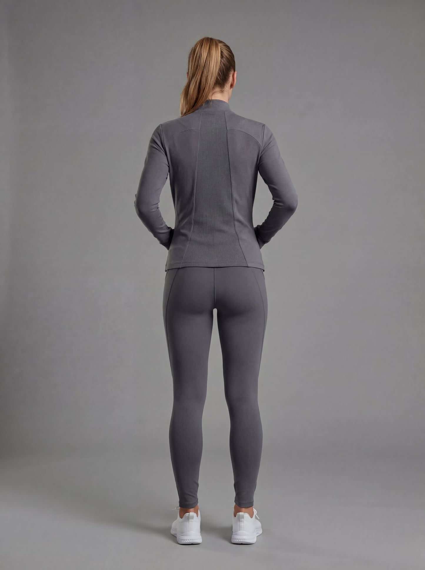 WELIV PowerTrio Women's Activewear Set – Sports Bra, Leggings & Jacket. in grey, back view