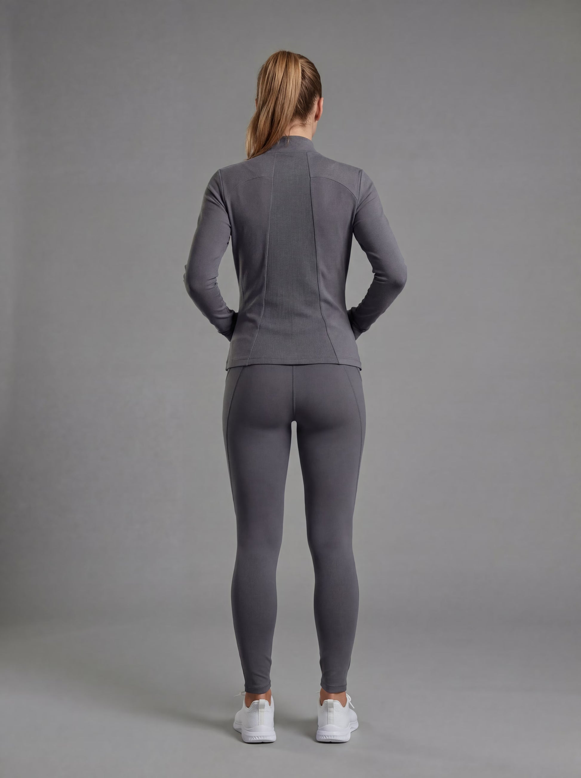 WELIV PowerTrio Women's Activewear Set – Sports Bra, Leggings & Jacket. in grey, back view