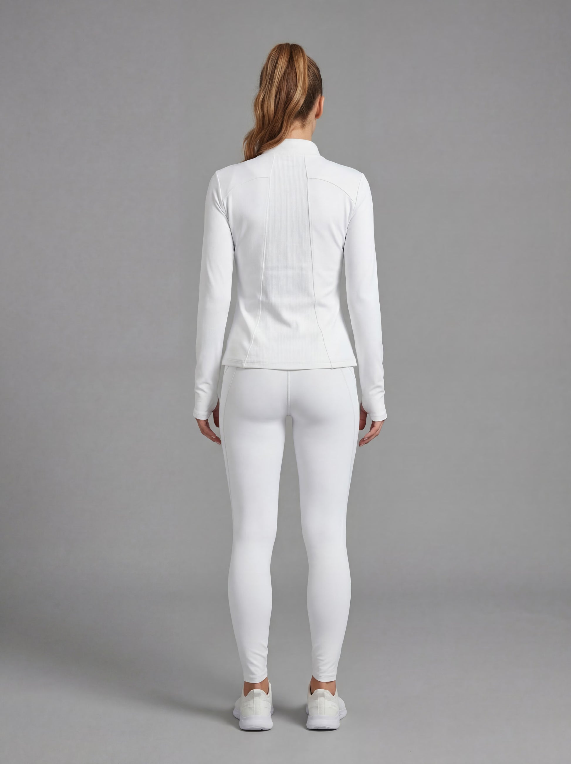WELIV PowerTrio Women's Activewear Set – Sports Bra, Leggings & Jacket. in white, back view