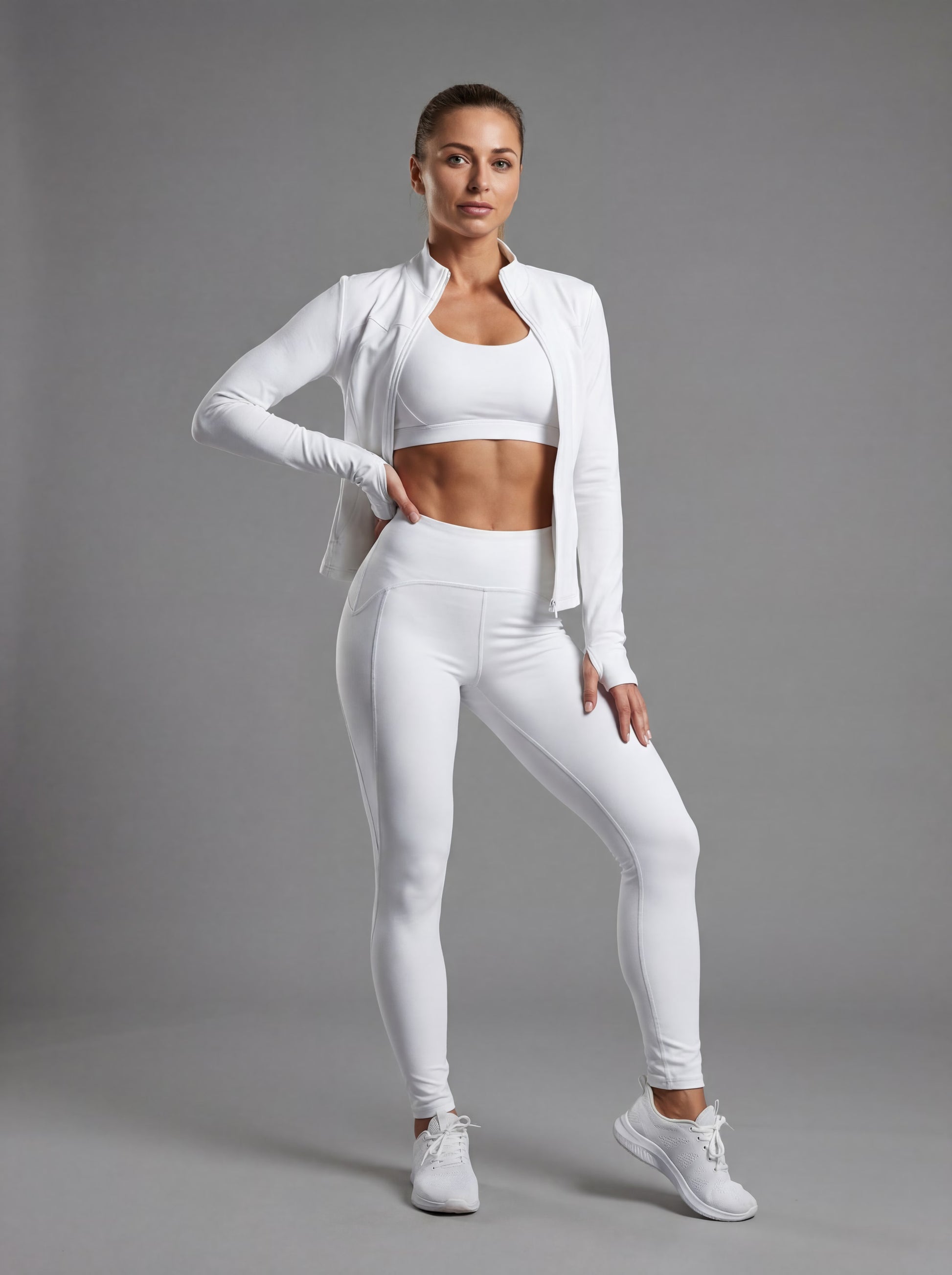 WELIV PowerTrio Women's Activewear Set – Sports Bra, Leggings & Jacket. in white, front view